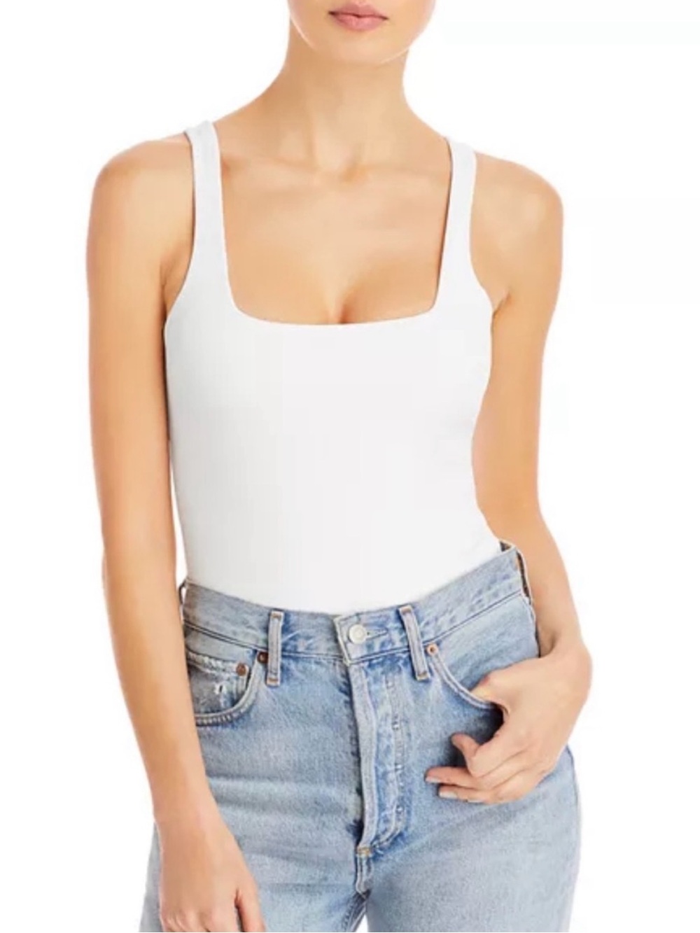 GOOD AMERICAN Sculpting Modern Tank White Scuba Square-Neck Bodysuit